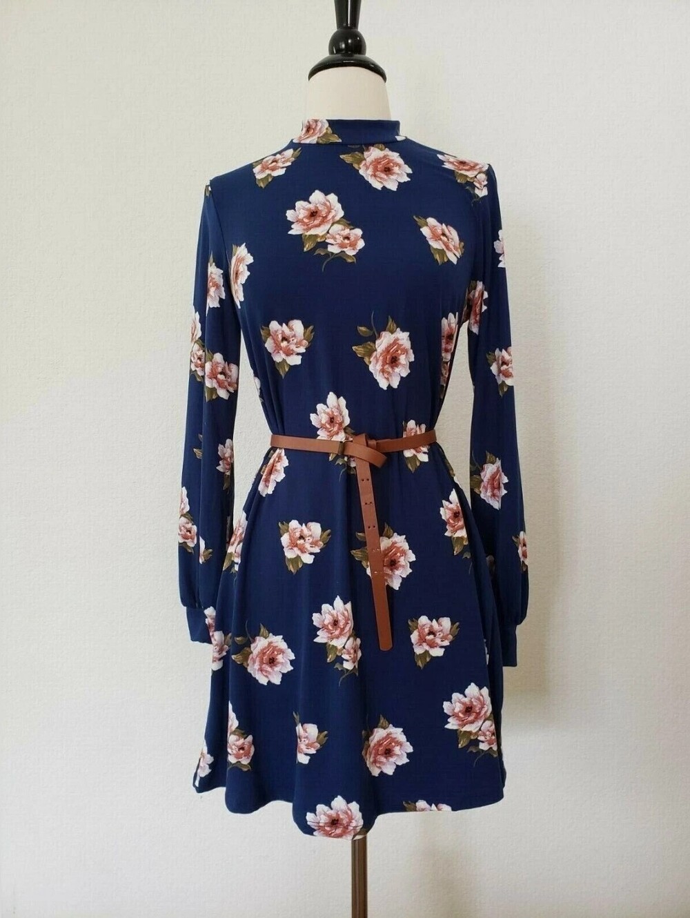 Navy Floral Long-Sleeve Fit-and-Flare Dress